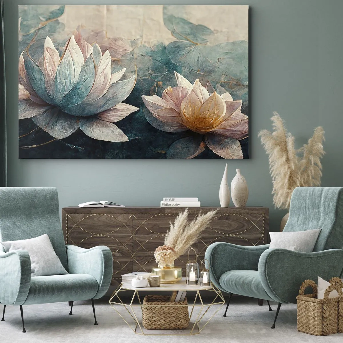 Obraz na plátně - Jemné lekníny v pastelových odstínech modré a zlaté - 70x50cm - Hvězdy a jezero - Moderní nástěnná dekorace do obývacího pokoje a ložnice ARTTOR