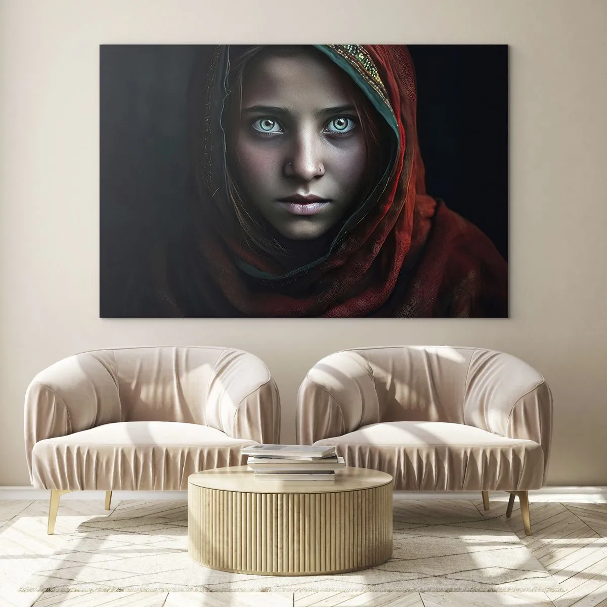 Obraz na skle - Portrét ženy v červeném šátku na tmavém pozadí - 70x50cm - Východní princezna - Moderní nástěnná dekorace do obývacího pokoje a ložnice ARTTOR