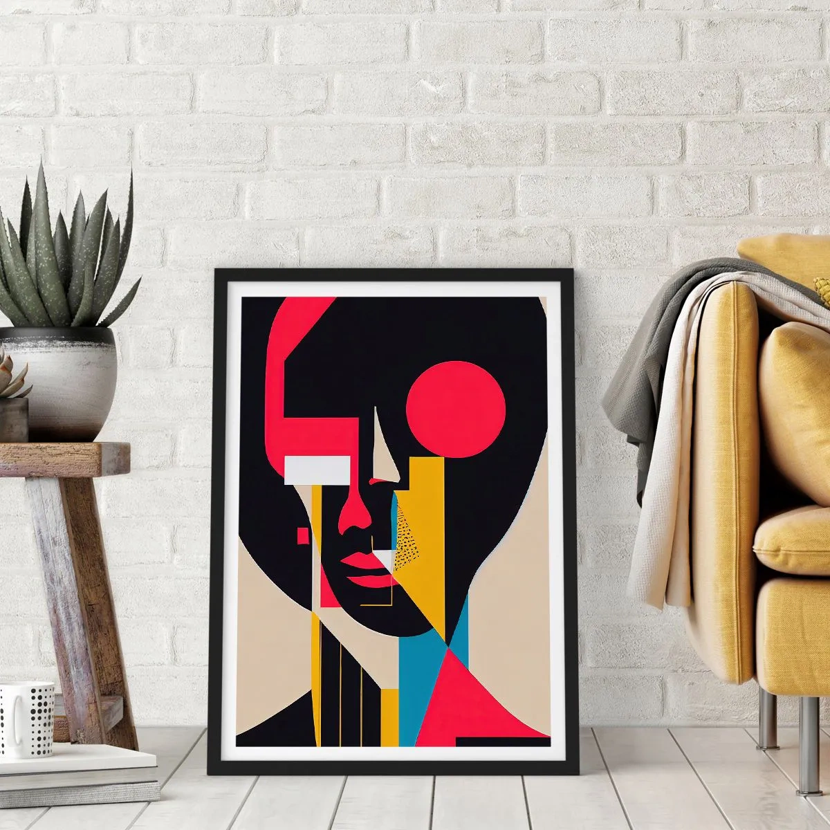 Plakát v černém rámu - Abstraktní portrét v geometrické kompozici - 50x70cm - Její vnitřní svět - Moderní nástěnná dekorace do obývacího pokoje a ložnice ARTTOR