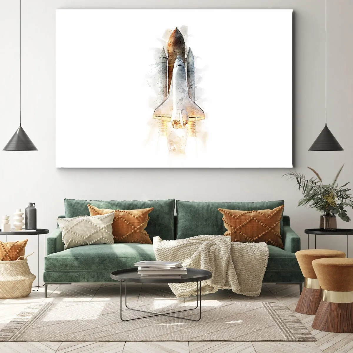 Obraz na plátně - Umělecká akvarelová interpretace vzlétajícího raketoplánu - 70x50cm - Průzkumníci do toho - Moderní nástěnná dekorace do obývacího pokoje a ložnice ARTTOR