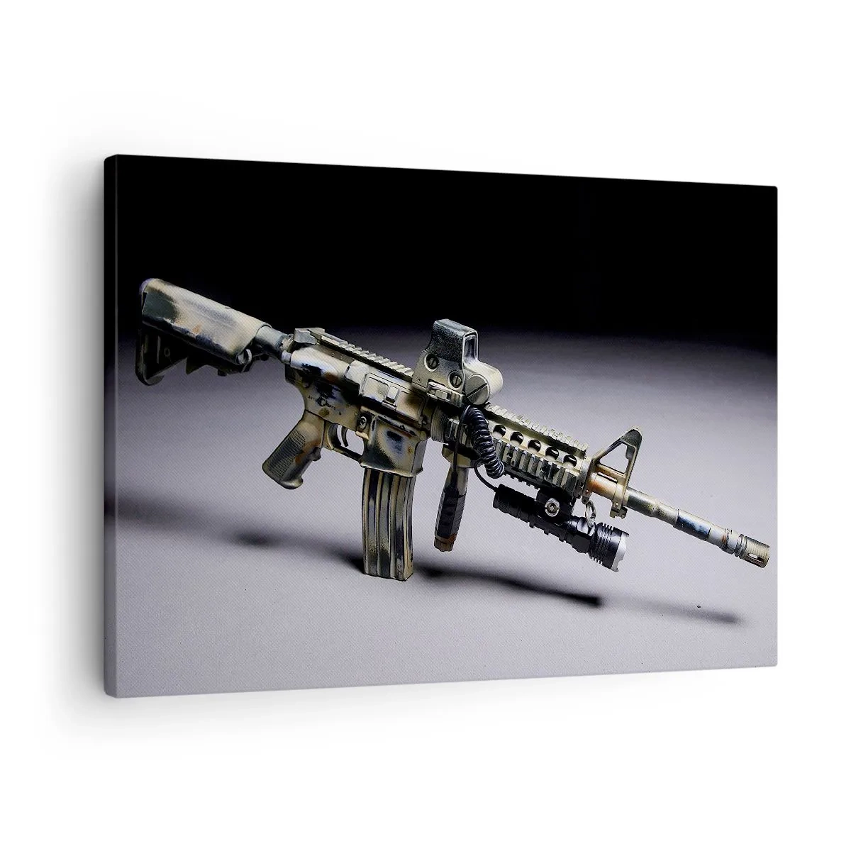 Obraz na plátně - Moderní zbraň v maskovací barvě na tmavém pozadí - 70x50cm - Vždy nebezpečný - Moderní nástěnná dekorace do obývacího pokoje a ložnice ARTTOR