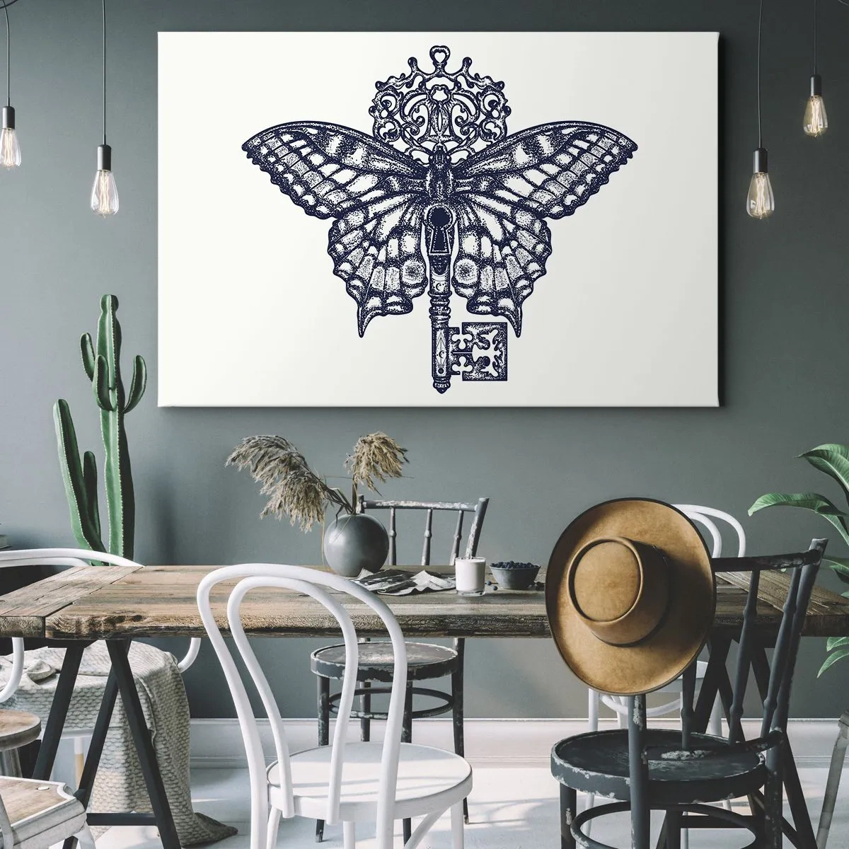 Obraz na plátně - Stylový motýl a grafika klíčů v minimalistickém stylu - 70x50cm - Všechna tajemství srdce - Moderní nástěnná dekorace do obývacího pokoje a ložnice ARTTOR