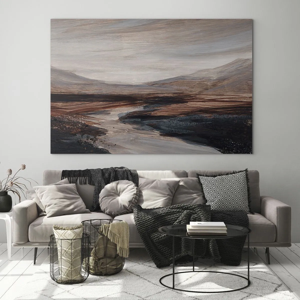 Obraz na skle - Malebné údolí s řekou v odstínech hnědé a modré - 70x50cm - Klidné údolí - Moderní nástěnná dekorace do obývacího pokoje a ložnice ARTTOR