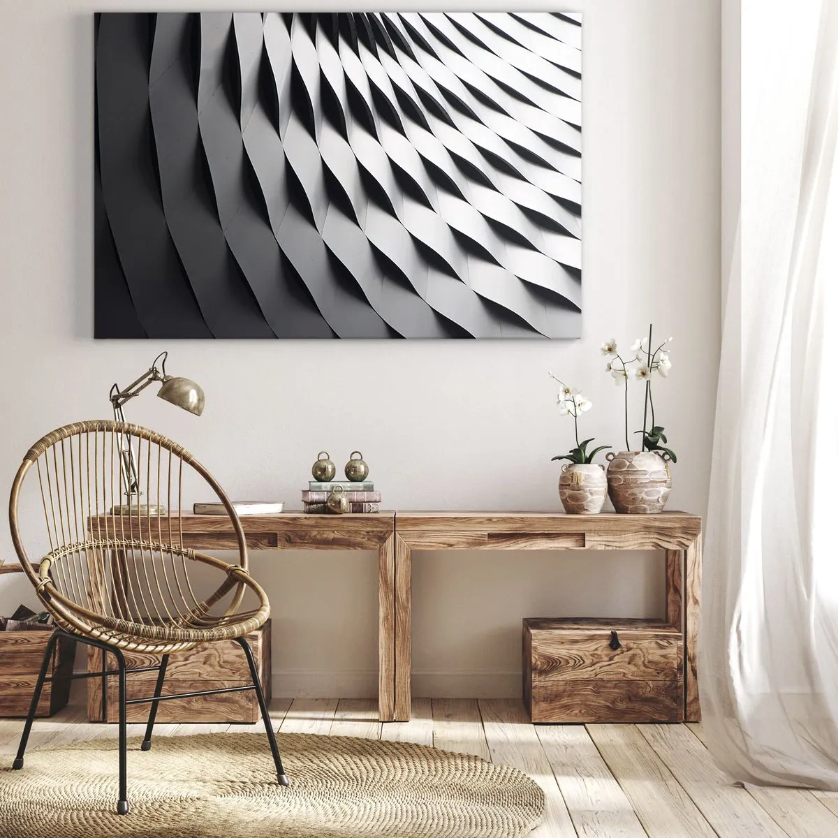 Obraz na plátně - Abstraktní geometrický vzor v odstínech černé a bílé - 70x50cm - Na hladině vln - Moderní nástěnná dekorace do obývacího pokoje a ložnice ARTTOR