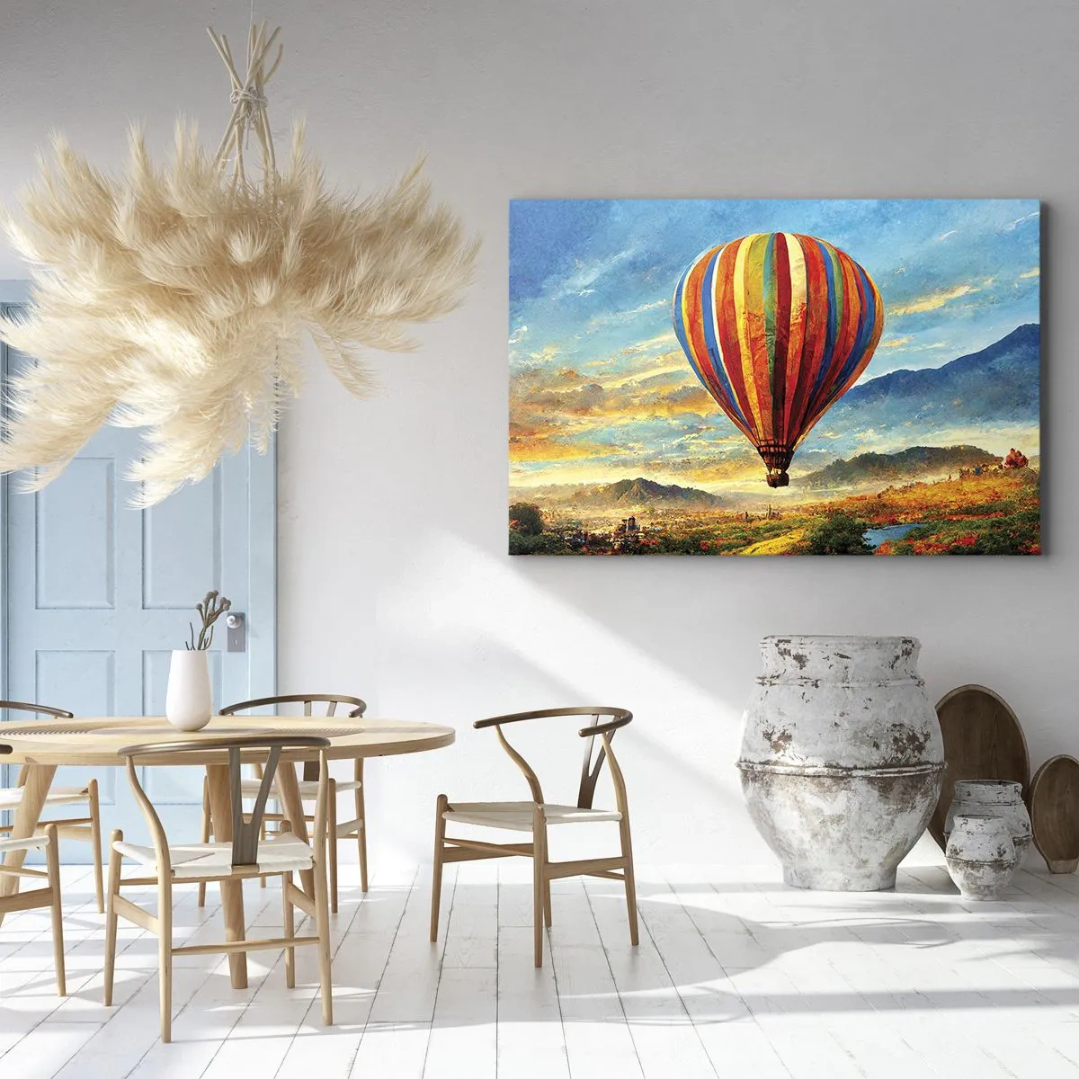 Obraz na plátně - Barevný balón nad malebnou krajinou - 70x50cm - V tichu je toho vidět víc - Moderní nástěnná dekorace do obývacího pokoje a ložnice ARTTOR