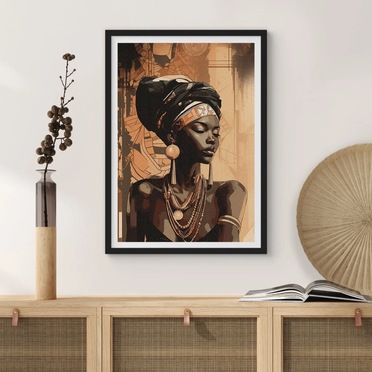 Plakát v černém rámu - Portrét africké ženy s tradičními ozdobami - 50x70cm - Africký majestát - Moderní nástěnná dekorace do obývacího pokoje a ložnice ARTTOR
