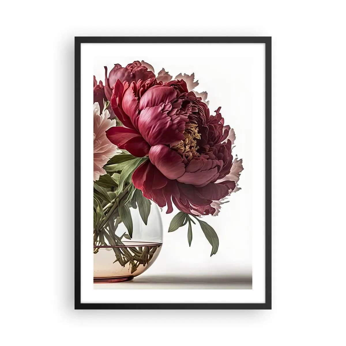 Plakát v černém rámu - Červené pivoňky ve skleněné váze na bílém pozadí - 50x70cm - V plném rozkvětu krásy - Moderní nástěnná dekorace do obývacího pokoje a ložnice ARTTOR