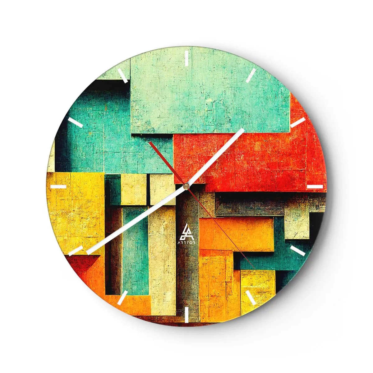 Nástěnné hodiny - Barevné geometrické bloky v abstraktním stylu - 30x30cm - Festival pravých úhlů - Moderní nástěnná dekorace do obývacího pokoje, kuchyně a ložnice ARTTOR