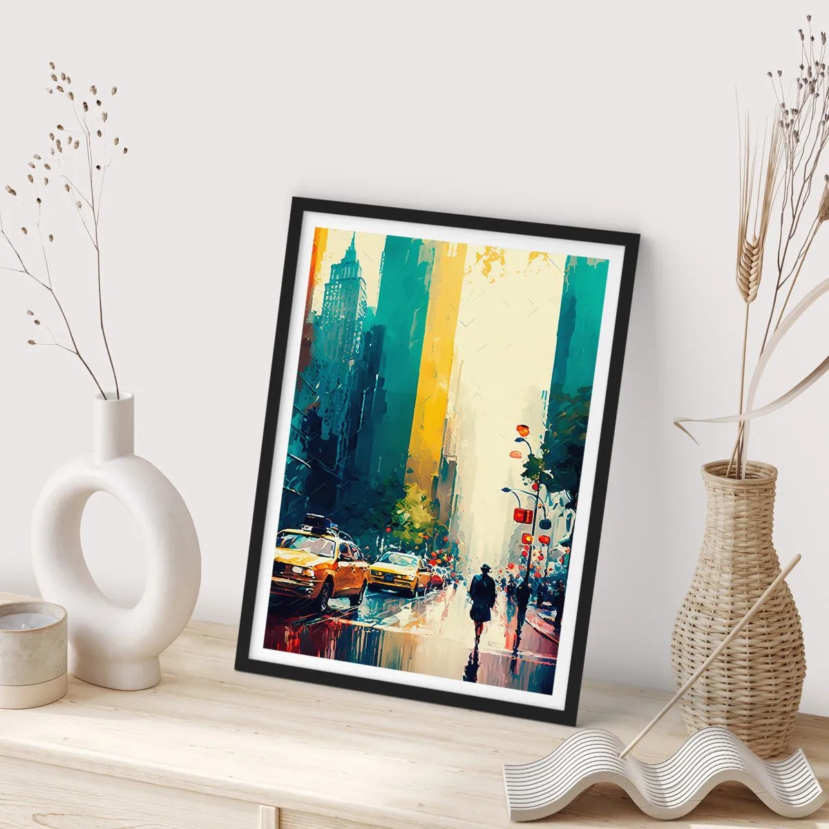 Plakát v černém rámu - Barevná ulice velkoměsta se žlutými taxíky - 50x70cm - New York – tady je i déšť barevný - Moderní nástěnná dekorace do obývacího pokoje a ložnice ARTTOR