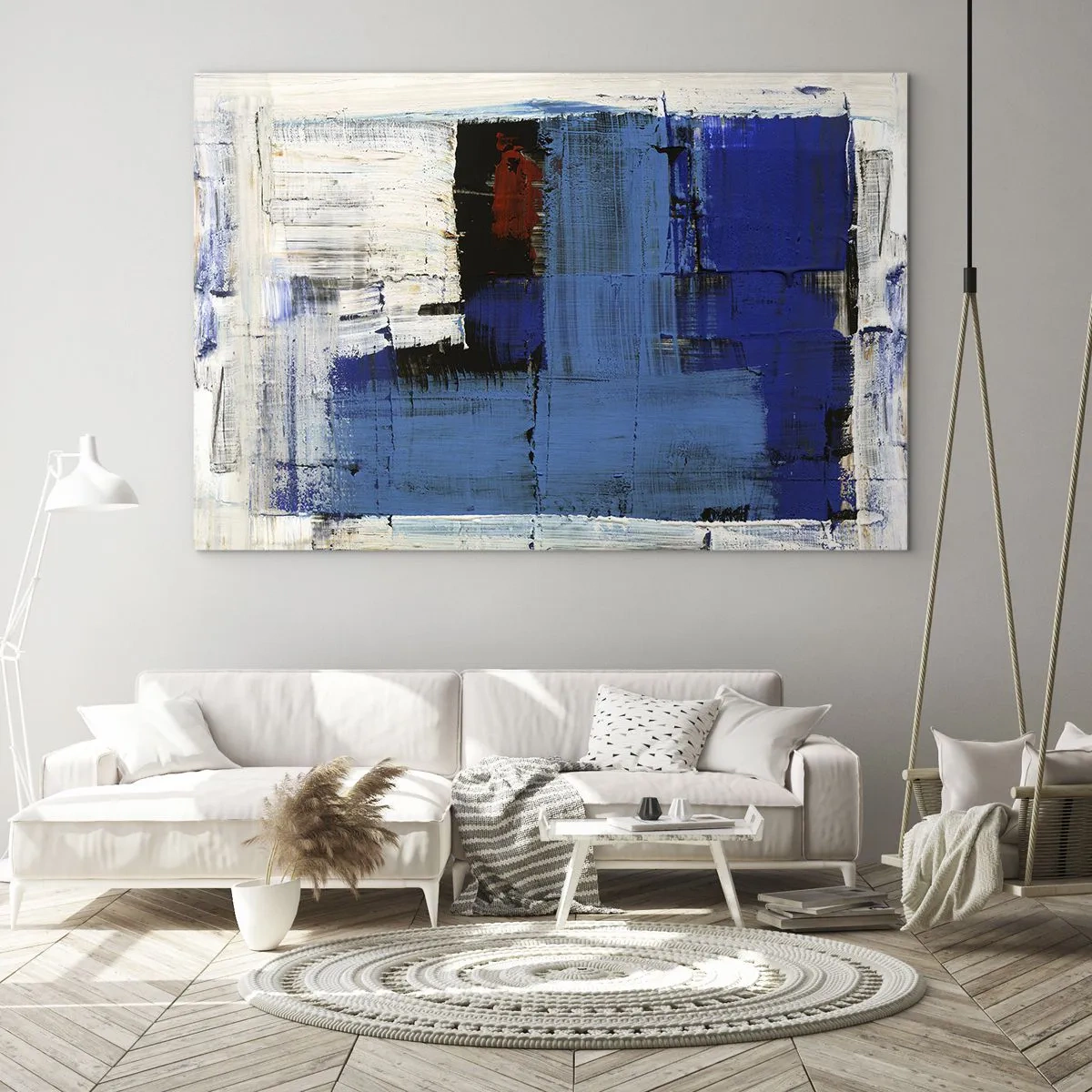 Obraz na skle - Abstraktní kompozice s dominantní modrou barvou. - 70x50cm - Tajemství modré - Moderní nástěnná dekorace do obývacího pokoje a ložnice ARTTOR
