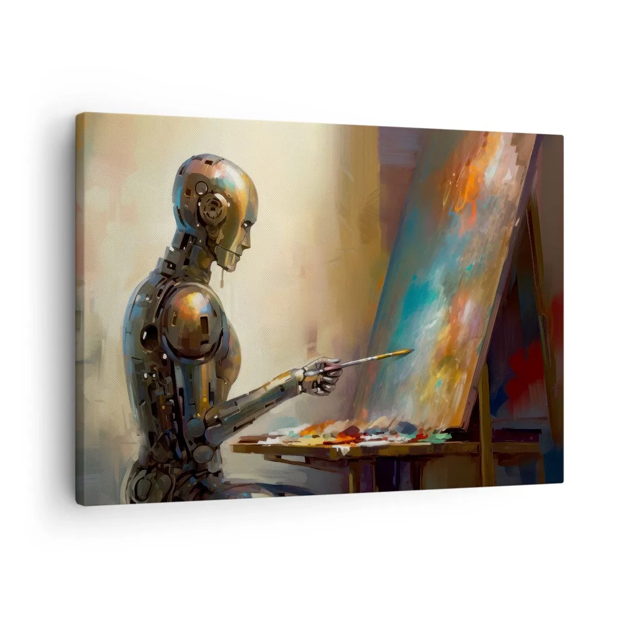 Obraz na plátně - Robot malující na plátně v uměleckém stylu - 70x50cm - Umění budoucnosti - Moderní nástěnná dekorace do obývacího pokoje a ložnice ARTTOR