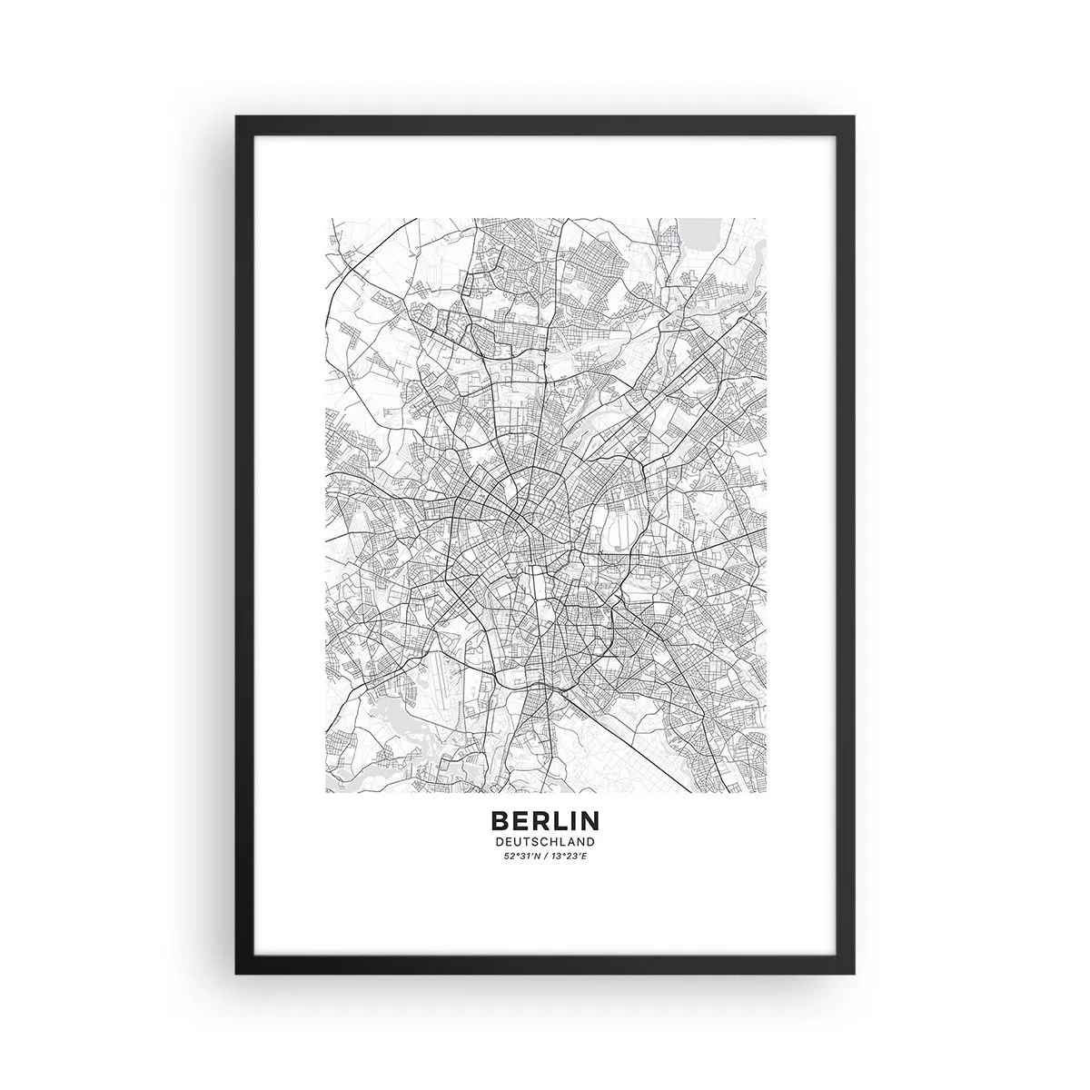 Plakát v černém rámu - Černobílá mapa Berlína s přesně zakreslenými ulicemi. - 50x70cm - Květ Berlína - Moderní nástěnná dekorace do obývacího pokoje a ložnice ARTTOR