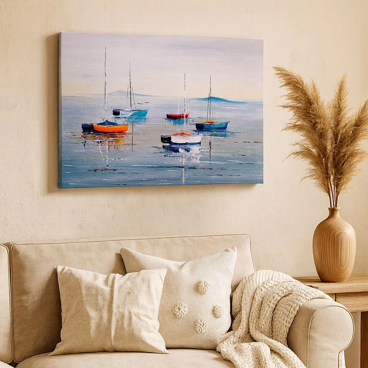 Obraz na plátně - Barevné lodě na klidné vodě - 70x50cm - Zasloužený odpočinek - Moderní nástěnná dekorace do obývacího pokoje a ložnice ARTTOR