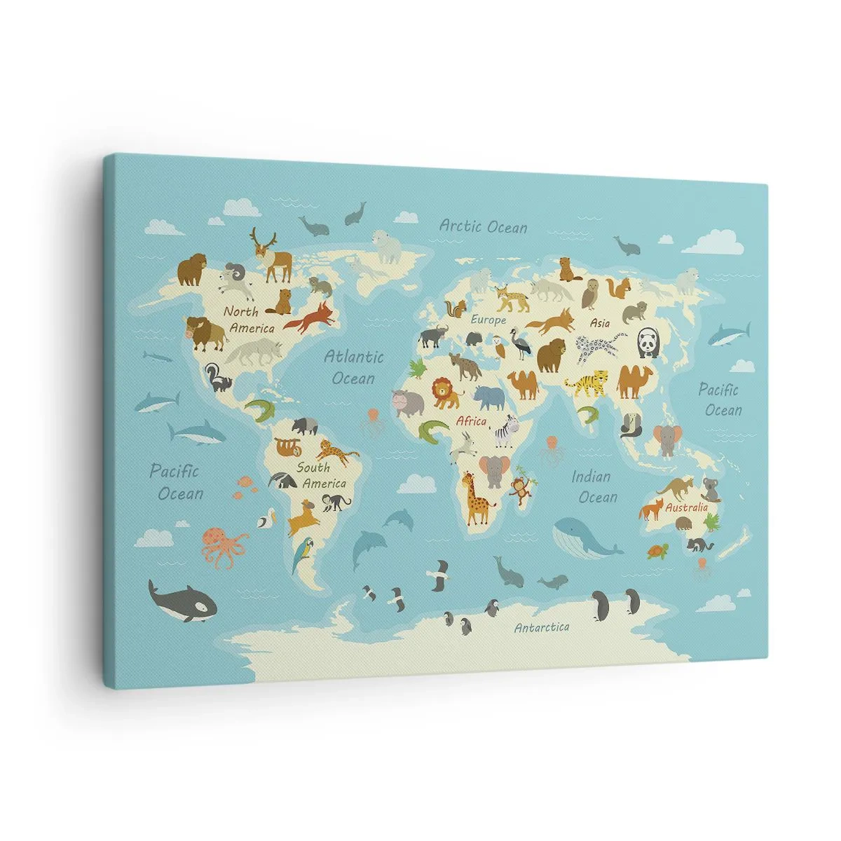 Obraz na plátně - Mapa světa s ilustracemi zvířat - 70x50cm - Dobří sousedé - Moderní nástěnná dekorace do obývacího pokoje a ložnice ARTTOR