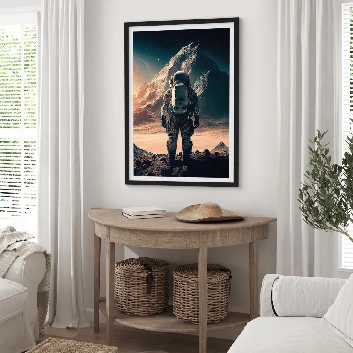 Plakát v černém rámu - Astronaut na cizí planetě ve světle hvězd - 50x70cm - Nová výzva - Moderní nástěnná dekorace do obývacího pokoje a ložnice ARTTOR