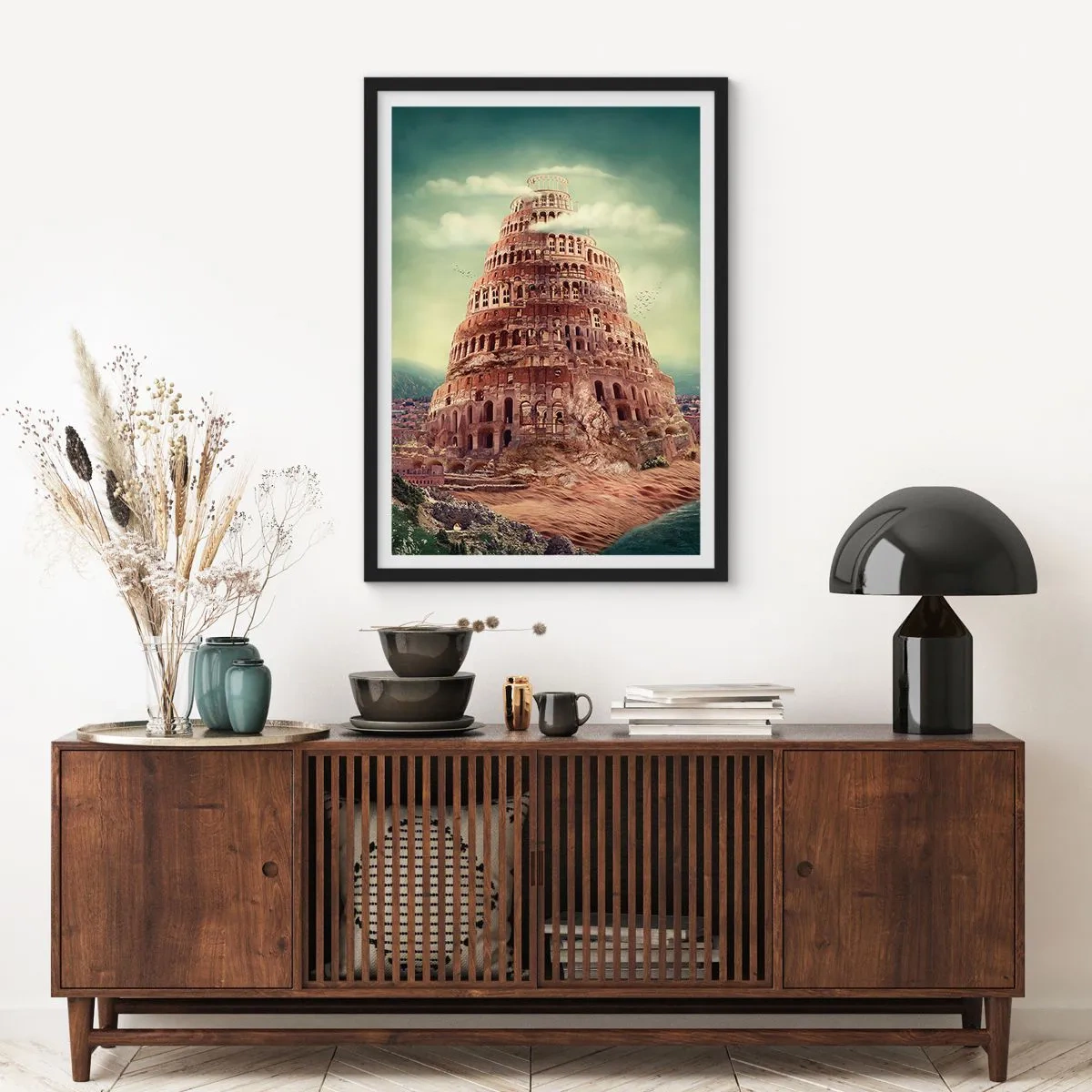 Plakát v černém rámu - Mýtická Babylonská věž v malebné krajině - 50x70cm - Babylonská věž - Moderní nástěnná dekorace do obývacího pokoje a ložnice ARTTOR
