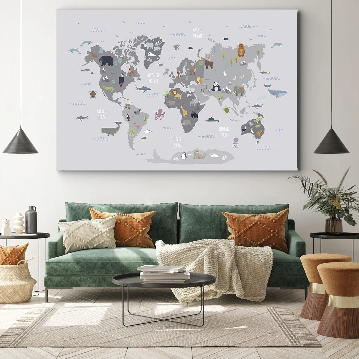 Obraz na plátně - Mapa světa s ilustracemi zvířat na šedém pozadí - 70x50cm - Řekni mi, odkud jsi… - Moderní nástěnná dekorace do obývacího pokoje a ložnice ARTTOR
