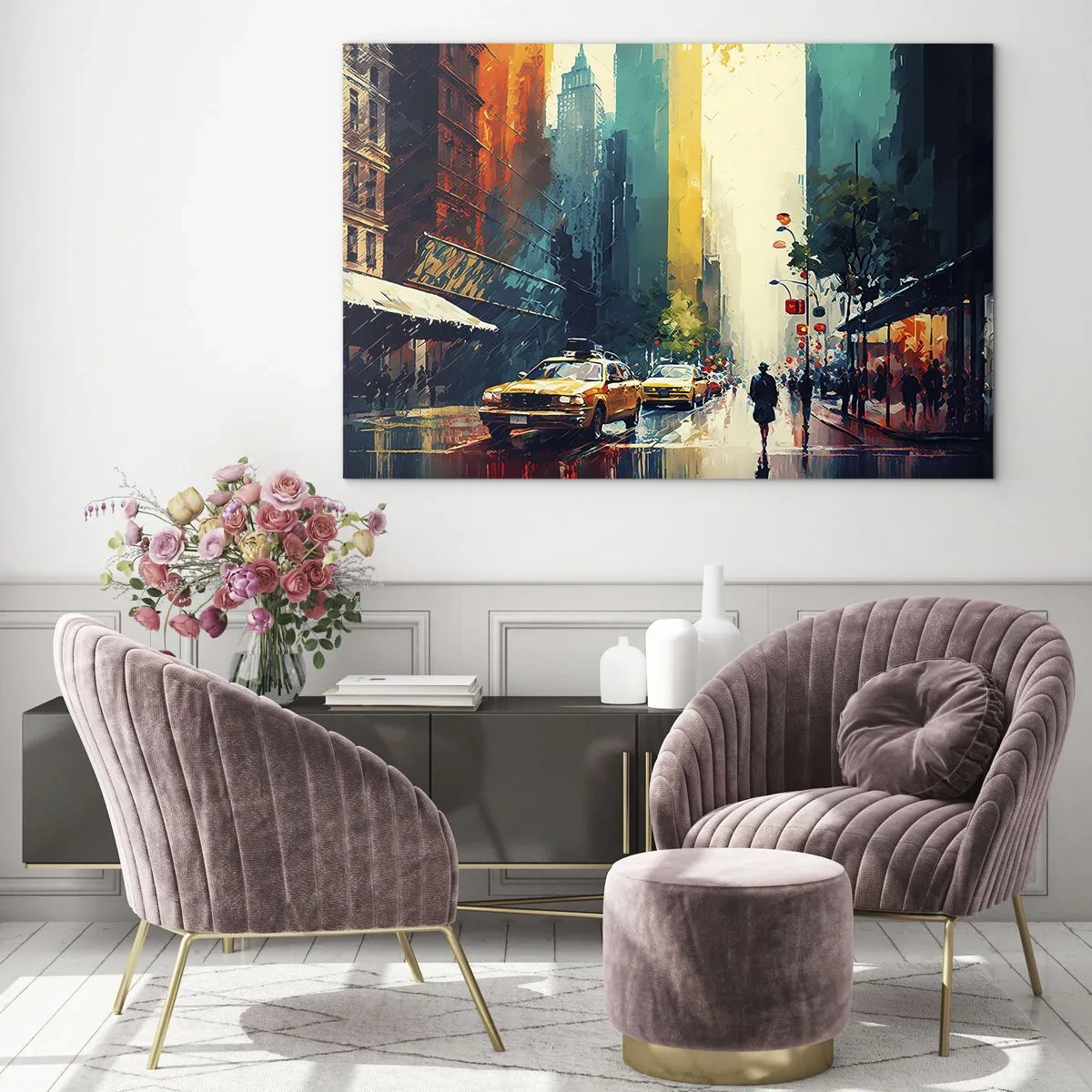 Obraz na skle - Barevné taxíky a mrakodrapy na mokré městské ulici - 70x50cm - New York – tady je i déšť barevný - Moderní nástěnná dekorace do obývacího pokoje a ložnice ARTTOR