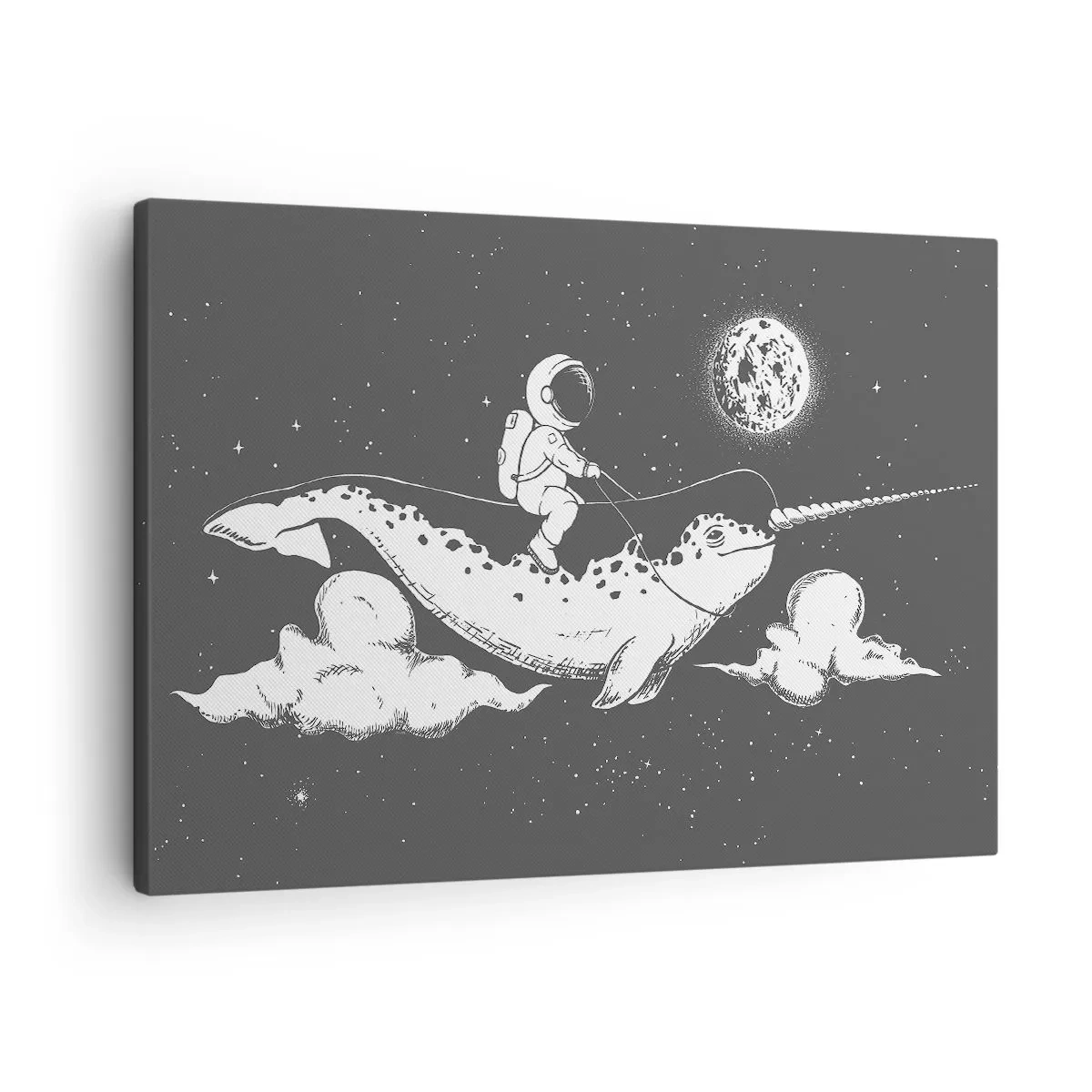 Obraz na plátně - Astronaut na zádech narvala plujícího ve vesmírné scéně. - 70x50cm - Vesmírný jezdec - Moderní nástěnná dekorace do obývacího pokoje a ložnice ARTTOR