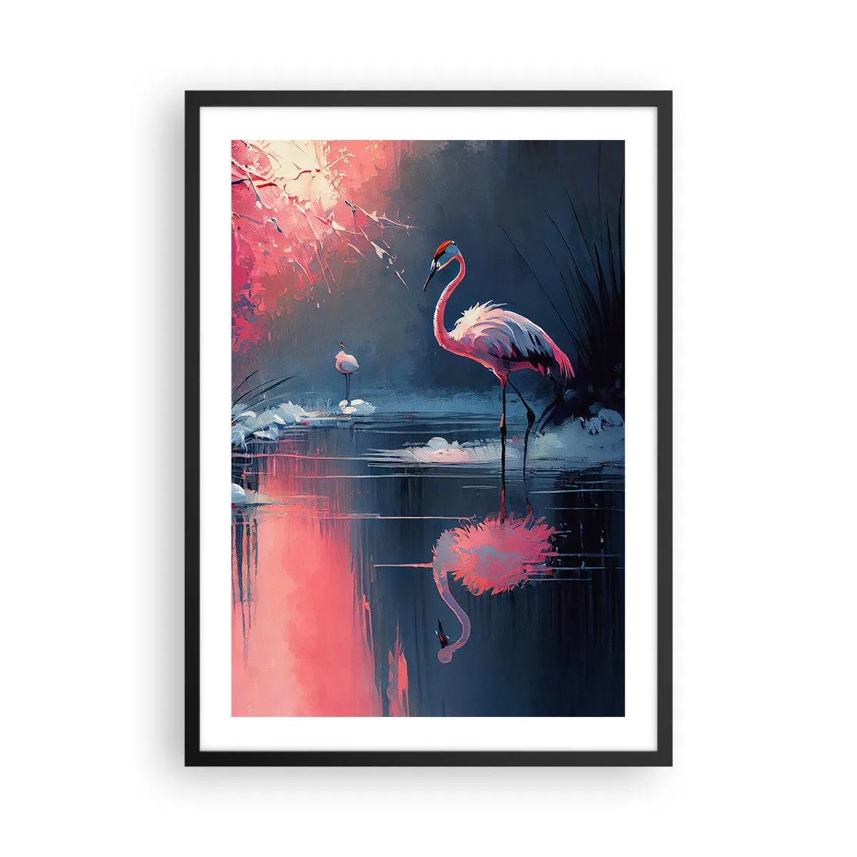 Plakát v černém rámu - Plameňáci na klidném jezeře - 50x70cm - Ptačí útočiště - Moderní nástěnná dekorace do obývacího pokoje a ložnice ARTTOR