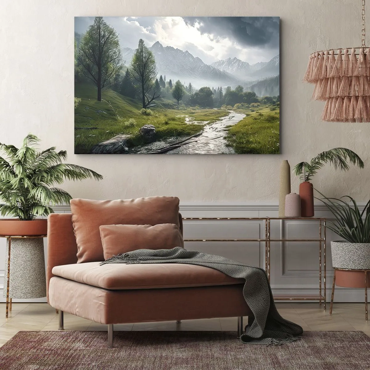 Obraz na plátně - Horská krajina s řekou a stromy obklopená mlžnými horami - 70x50cm - Tam a zpět - Moderní nástěnná dekorace do obývacího pokoje a ložnice ARTTOR