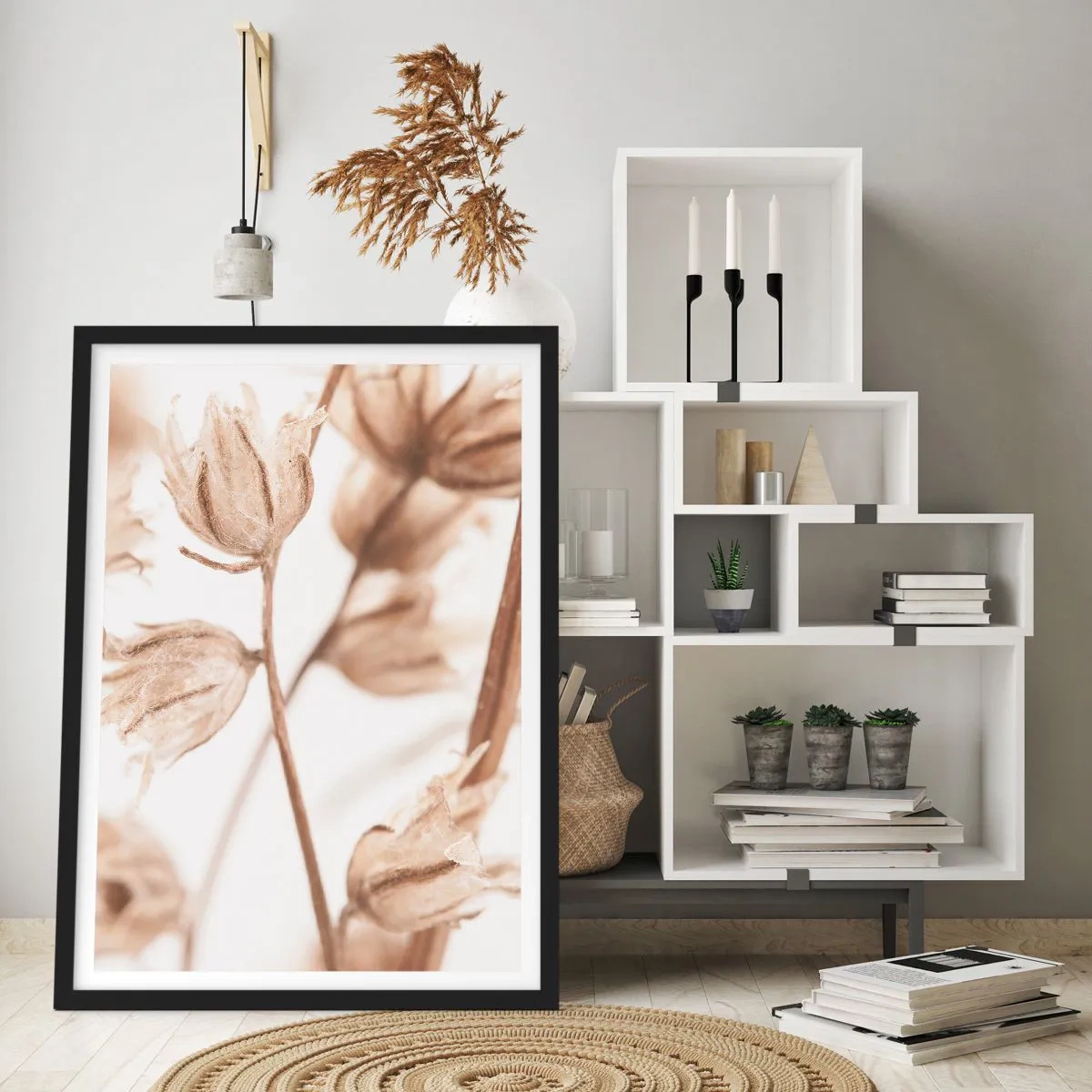 Plakát v černém rámu - Sušené rostliny v sépiové barvě na světlém pozadí - 50x70cm - Ozvěny konce léta - Moderní nástěnná dekorace do obývacího pokoje a ložnice ARTTOR