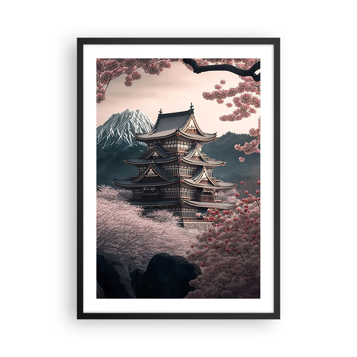 Plakát v černém rámu - Japonská pagoda mezi květy třešní - 50x70cm - Země kvetoucích třešní - Moderní nástěnná dekorace do obývacího pokoje a ložnice ARTTOR