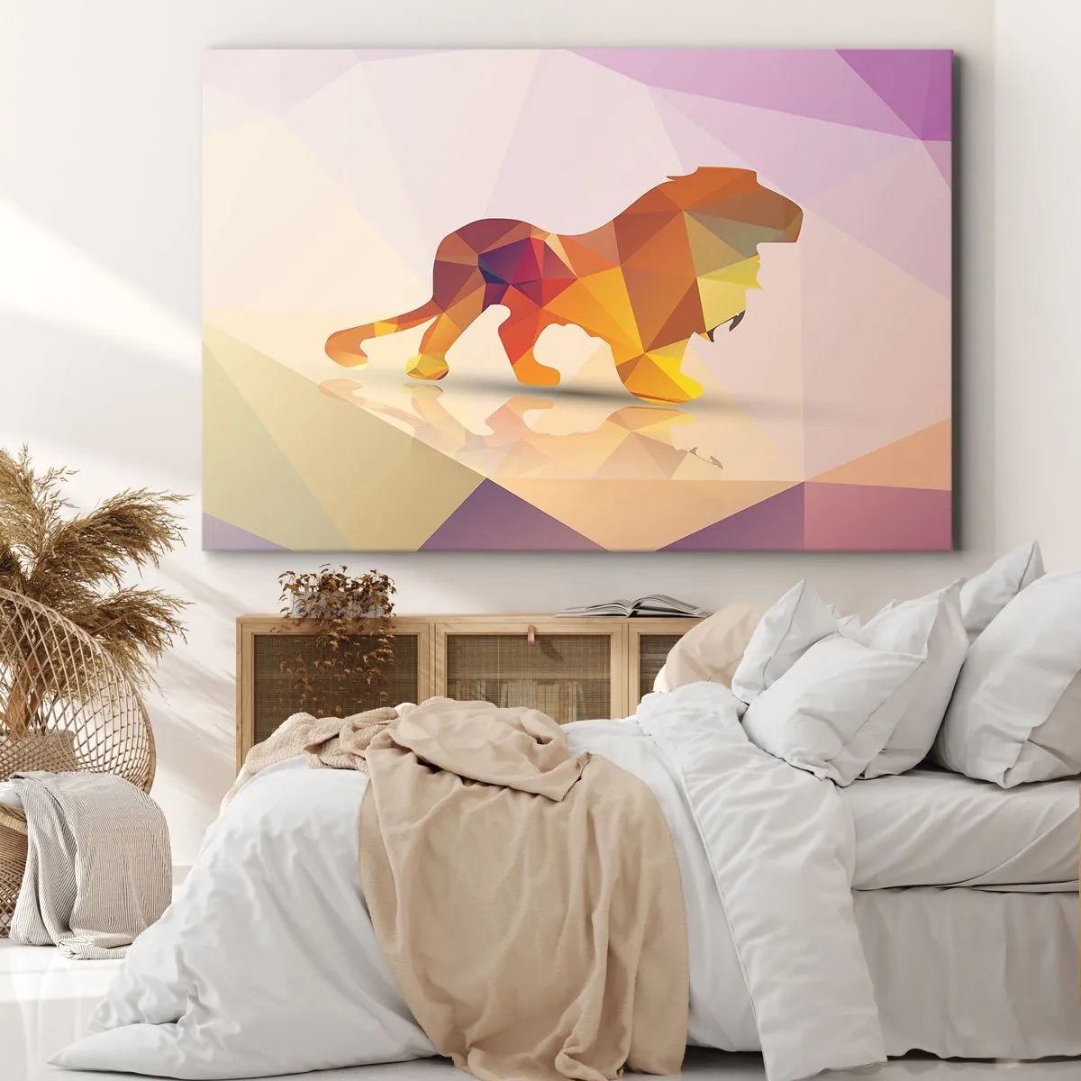 Obraz na plátně - Geometrická silueta lva v odstínech žluté a oranžové - 70x50cm - Diamantový král - Moderní nástěnná dekorace do obývacího pokoje a ložnice ARTTOR