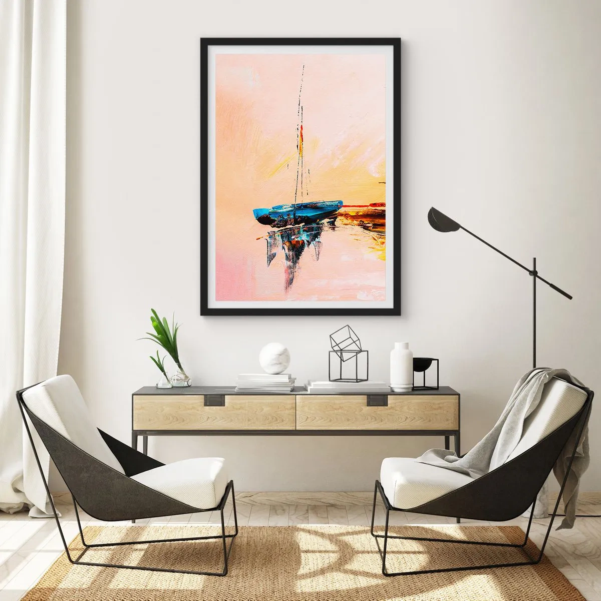 Plakát v černém rámu - Abstraktní loď na klidné vodě při západu slunce - 50x70cm - Večer v přístavu - Moderní nástěnná dekorace do obývacího pokoje a ložnice ARTTOR