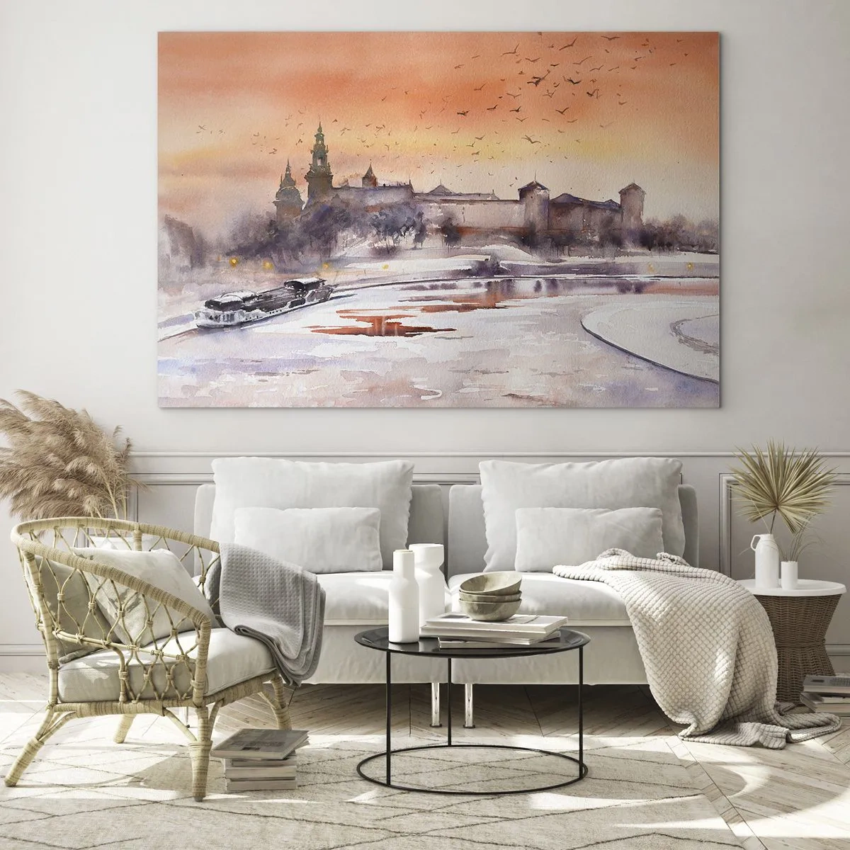 Obraz na skle - Západ slunce nad královským hradem a řekou v zimě - 70x50cm - Královský západ slunce - Moderní nástěnná dekorace do obývacího pokoje a ložnice ARTTOR