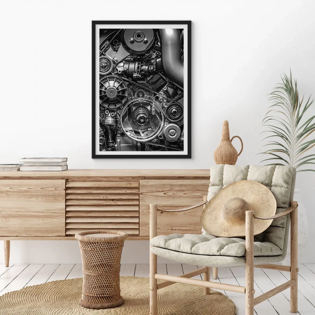 Plakát v černém rámu - Detailní záběr mechanických součástí motoru v černé a bílé barvě - 50x70cm - Poezie mechaniky - Moderní nástěnná dekorace do obývacího pokoje a ložnice ARTTOR