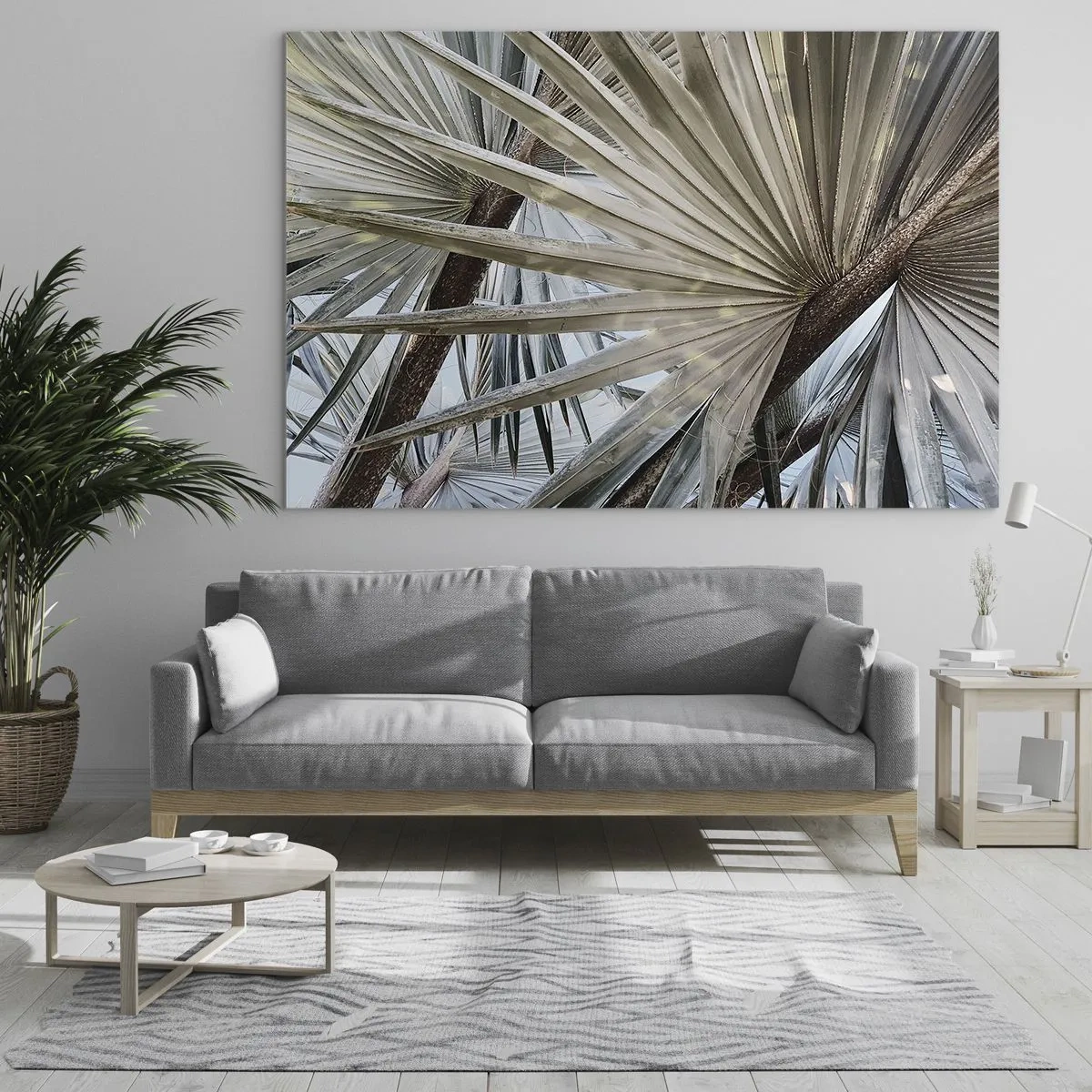 Obraz na skle - Palmové listy za jasného denního světla - 70x50cm - Vějíře v tropech - Moderní nástěnná dekorace do obývacího pokoje a ložnice ARTTOR