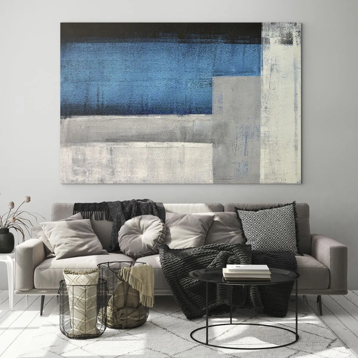 Obraz na skle - Geometrická abstrakce v modré, šedé a bílé - 70x50cm - Poetická kompozice šedé a modré - Moderní nástěnná dekorace do obývacího pokoje a ložnice ARTTOR