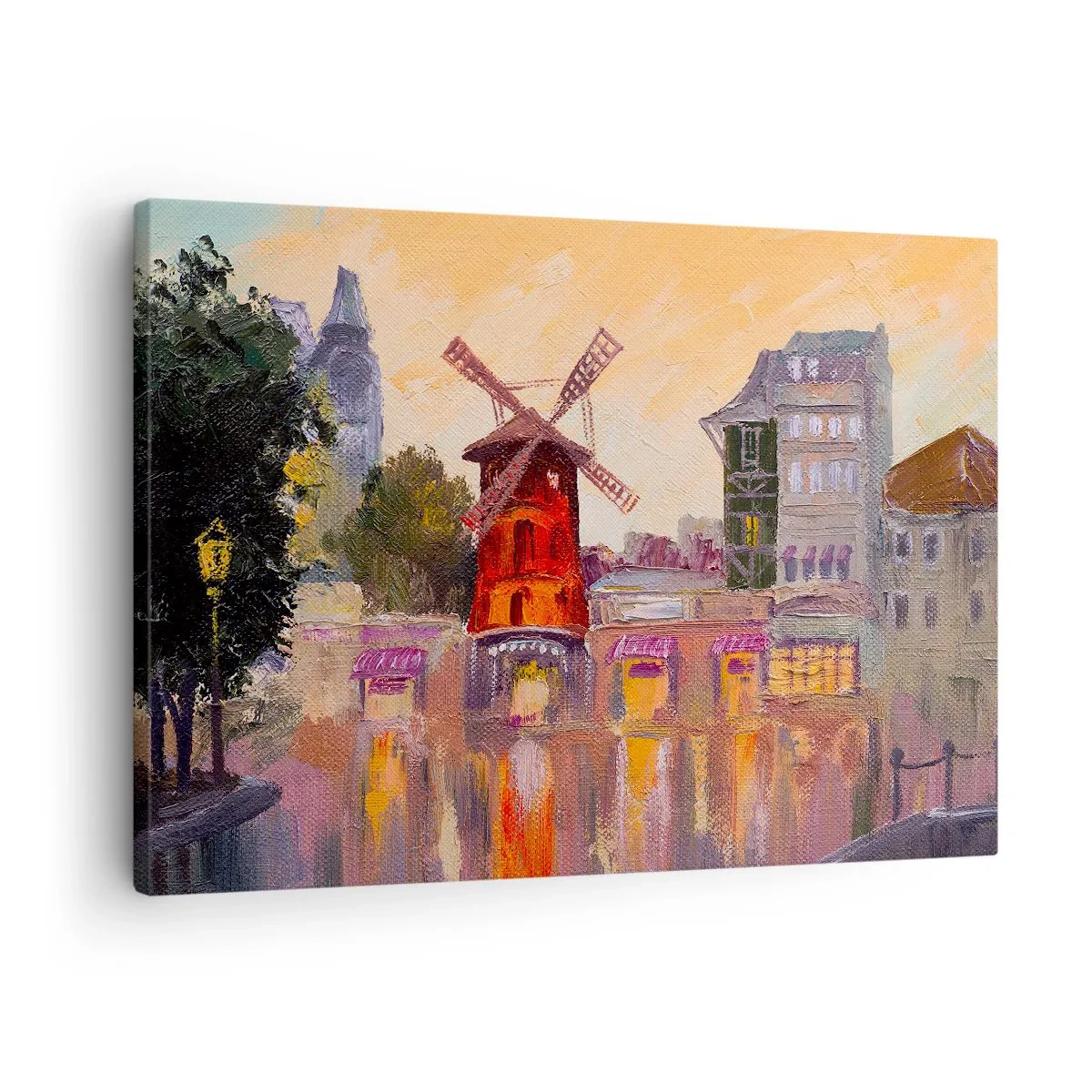Obraz na plátně - Červený větrný mlýn Moulin Rouge obklopený městskou krajinou - 70x50cm - Pařížské ikony – Moulin Rouge - Moderní nástěnná dekorace do obývacího pokoje a ložnice ARTTOR