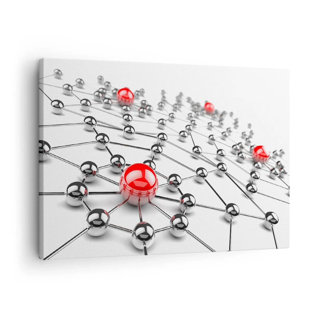 Obraz na plátně - Síť kovových koulí s červenými akcenty - 70x50cm - Stříbrná síť - Moderní nástěnná dekorace do obývacího pokoje a ložnice ARTTOR