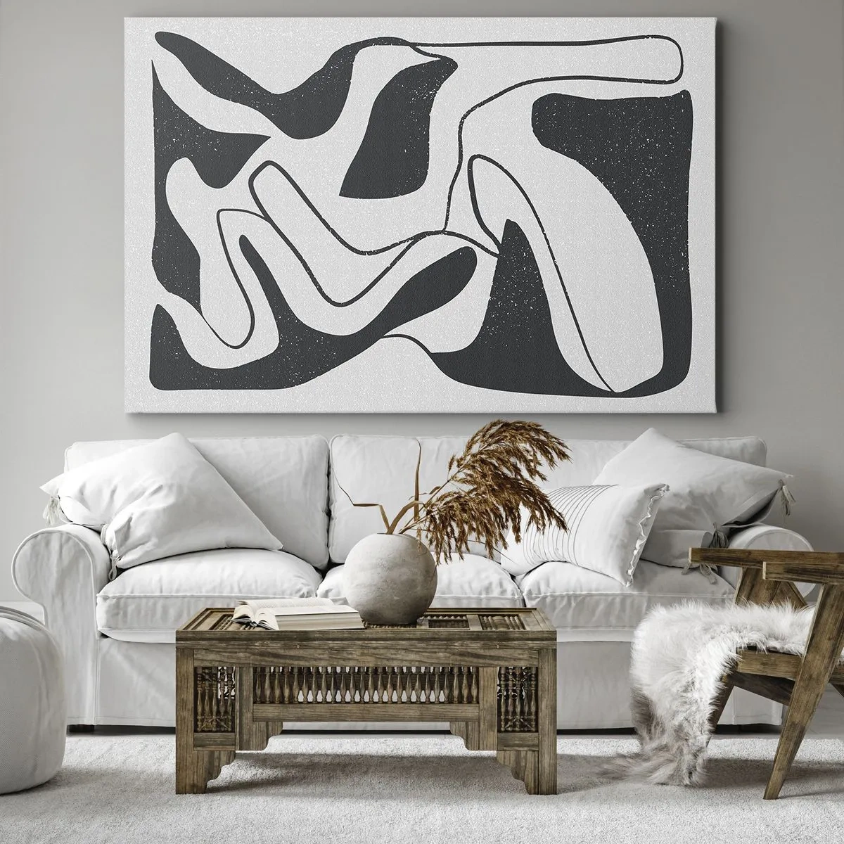 Obraz na plátně - Černobílá abstrakce s organickými tvary - 70x50cm - Abstraktní hra v labyrintu - Moderní nástěnná dekorace do obývacího pokoje a ložnice ARTTOR