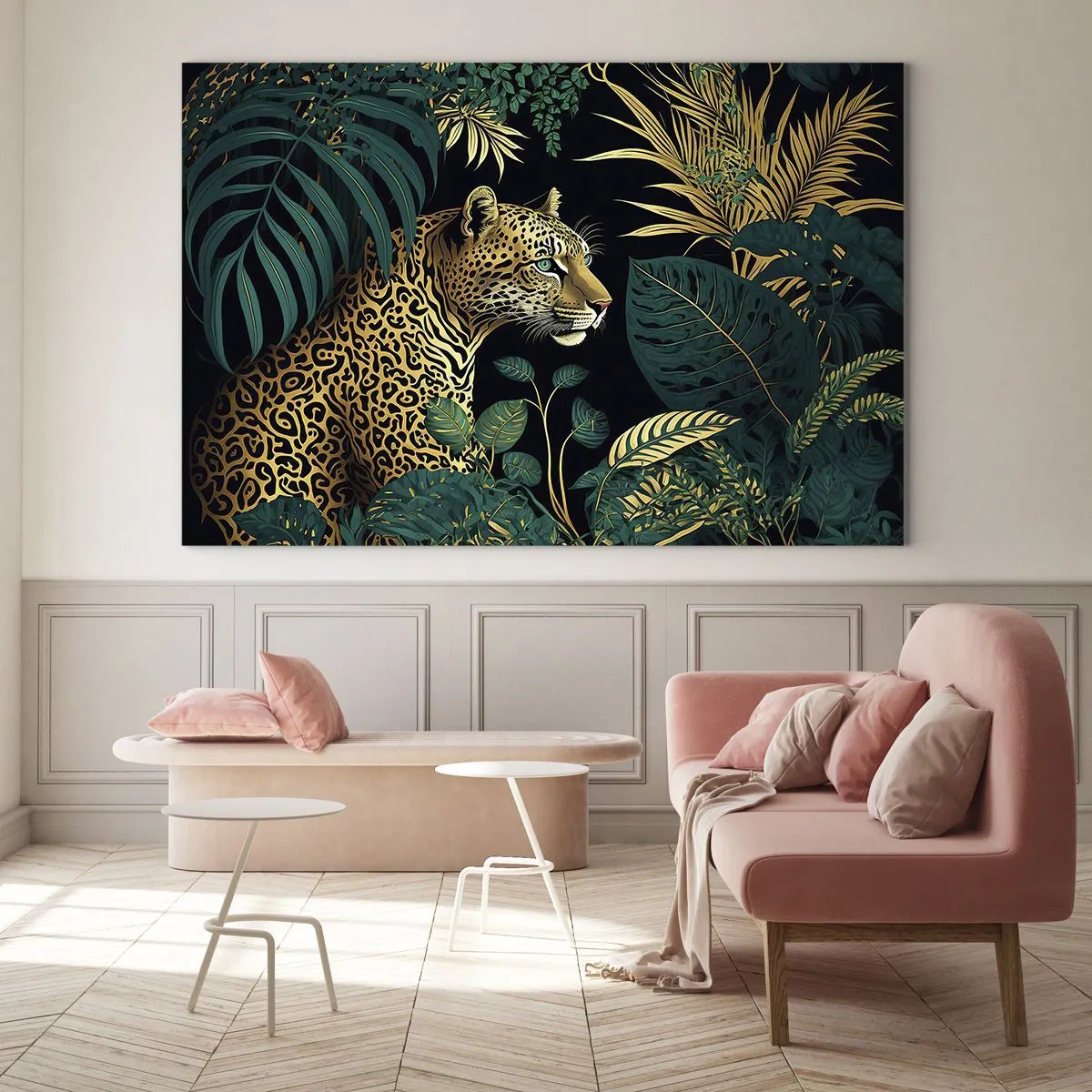 Obraz na skle - Leopard mezi tropickými listy na tmavém pozadí - 70x50cm - Domácí v džungli - Moderní nástěnná dekorace do obývacího pokoje a ložnice ARTTOR