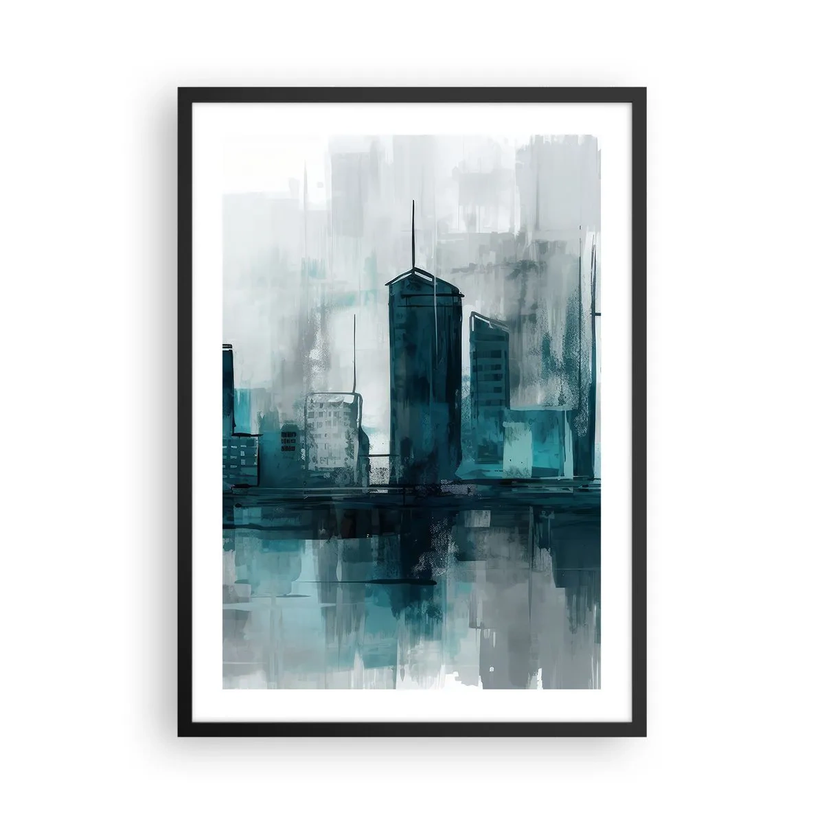 Plakát v černém rámu - Moderní panorama města v odstínech modré - 50x70cm - Město v barvě deště - Moderní nástěnná dekorace do obývacího pokoje a ložnice ARTTOR