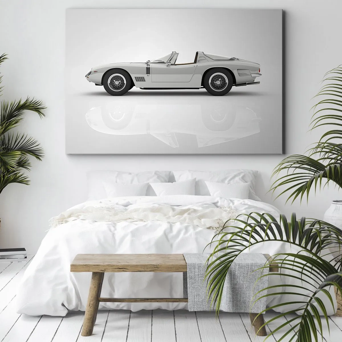 Obraz na plátně - Klasický bílý kabriolet na světlém pozadí - 70x50cm - Příslib zábavy - Moderní nástěnná dekorace do obývacího pokoje a ložnice ARTTOR