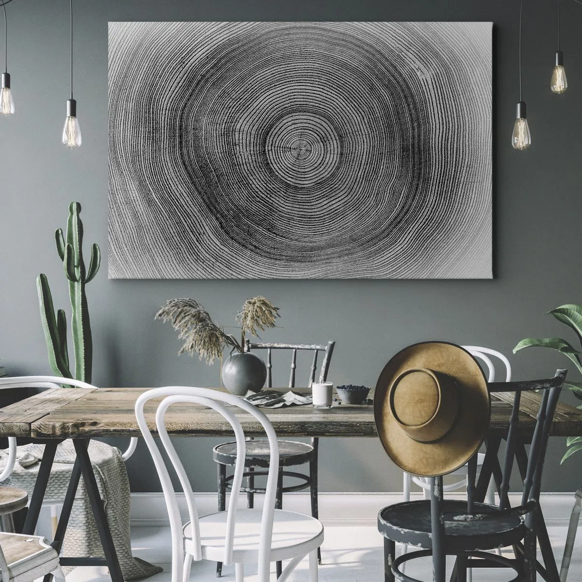 Obraz na plátně - Černobílý letokruhový vzor zobrazující průřez kmenem - 70x50cm - Znamení doby - Moderní nástěnná dekorace do obývacího pokoje a ložnice ARTTOR