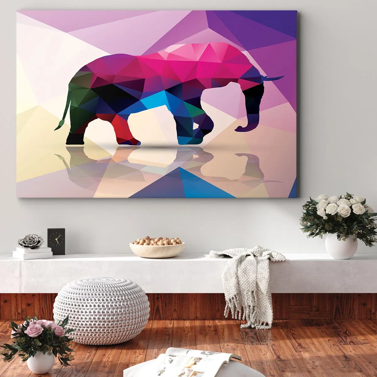 Obraz na plátně - Geometrická silueta slona v živých barvách - 70x50cm - Křišťálový dinosaurus - Moderní nástěnná dekorace do obývacího pokoje a ložnice ARTTOR