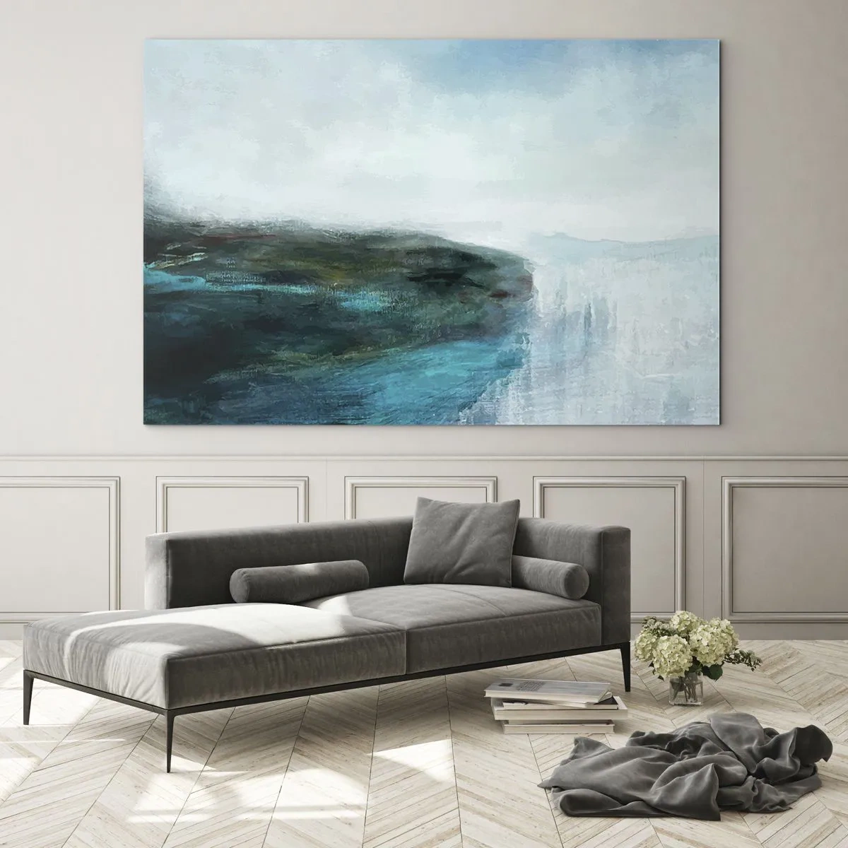 Obraz na skle - Abstraktní vodní krajina s dominantními modrými a bílými barvami - 70x50cm - Námořní abstrakce - Moderní nástěnná dekorace do obývacího pokoje a ložnice ARTTOR