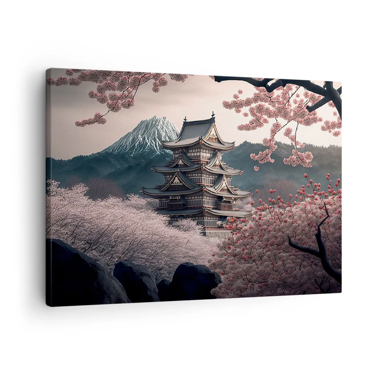 Obraz na plátně - Japonský chrám obklopený třešňovými květy a horami - 70x50cm - Země kvetoucích třešní - Moderní nástěnná dekorace do obývacího pokoje a ložnice ARTTOR