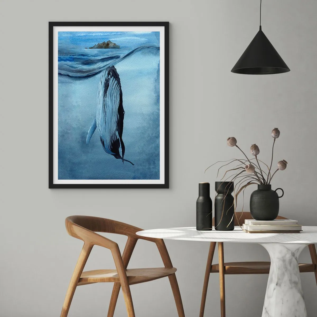 Plakát v černém rámu - Velryba pod hladinou oceánu - 50x70cm - Dva světy severu - Moderní nástěnná dekorace do obývacího pokoje a ložnice ARTTOR