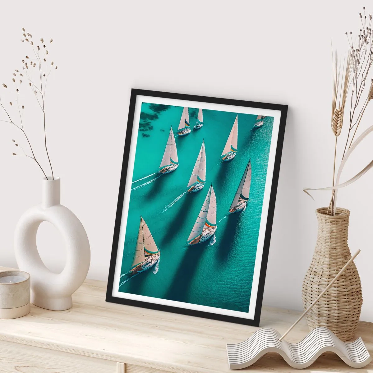 Plakát v černém rámu - Jachtařská regata na tyrkysové vodě - 50x70cm - Zápasení s větrem - Moderní nástěnná dekorace do obývacího pokoje a ložnice ARTTOR