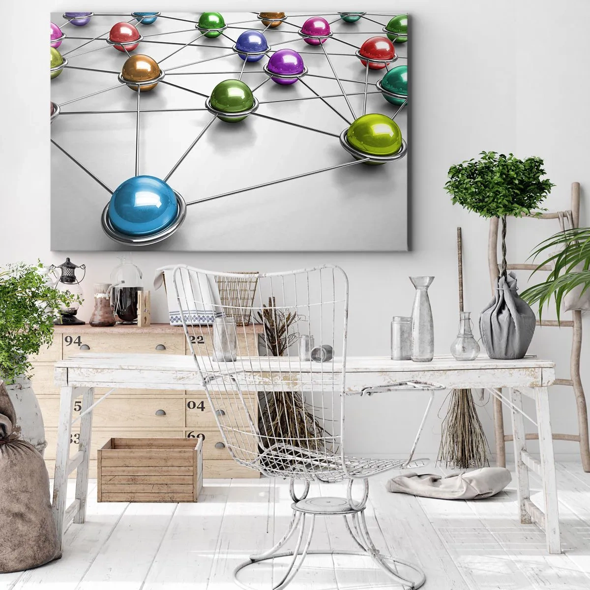 Obraz na plátně - Barevné kuličky spojené tenkými čarami na bílém pozadí - 70x50cm - Vesmírná pavučina - Moderní nástěnná dekorace do obývacího pokoje a ložnice ARTTOR