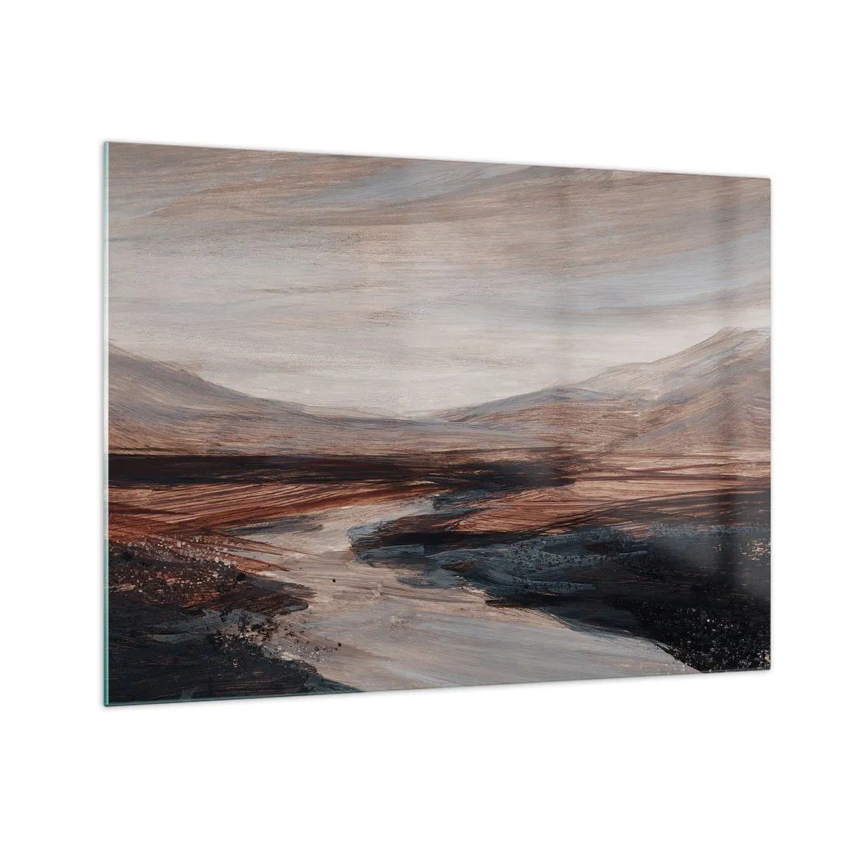 Obraz na skle - Malebné údolí s řekou v odstínech hnědé a modré - 70x50cm - Klidné údolí - Moderní nástěnná dekorace do obývacího pokoje a ložnice ARTTOR