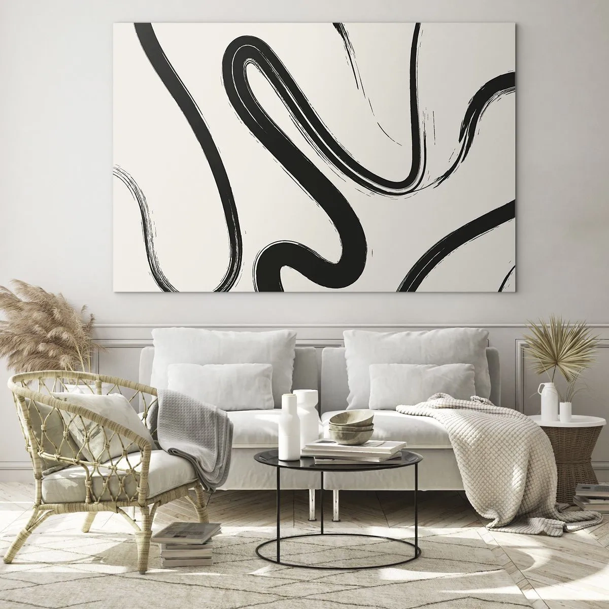 Obraz na skle - Dynamické černé čáry na světlém pozadí v abstraktním stylu. - 70x50cm - Černobílý rozmar - Moderní nástěnná dekorace do obývacího pokoje a ložnice ARTTOR