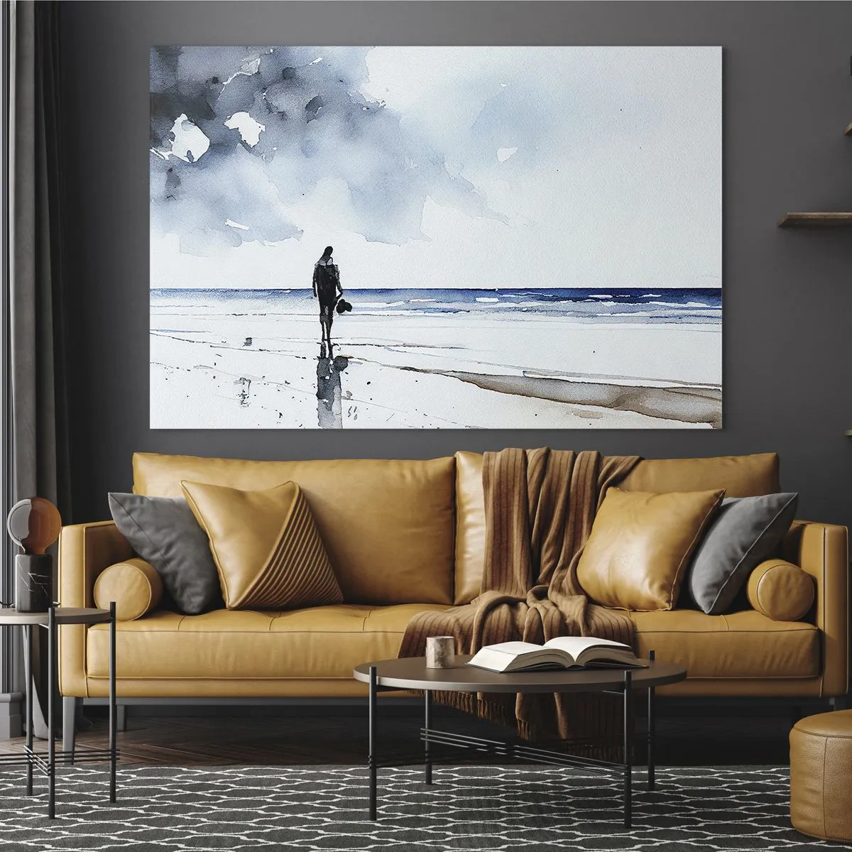 Obraz na skle - Silueta osoby na pobřeží v jemném akvarelu - 70x50cm - Rozhovor s mořem - Moderní nástěnná dekorace do obývacího pokoje a ložnice ARTTOR