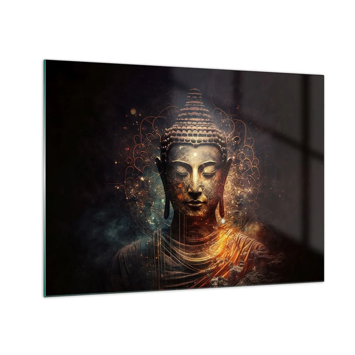 Obraz na skle - Zlatá postava Buddhy na tmavém pozadí s ornamenty - 70x50cm - Duchovní rovnováha - Moderní nástěnná dekorace do obývacího pokoje a ložnice ARTTOR
